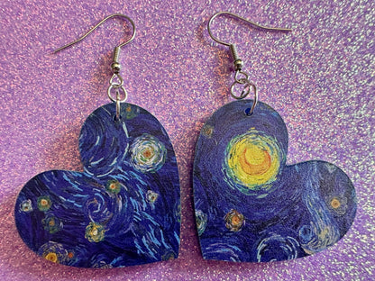 Starry Night Heart Earrings: Laser Cut Acrylic Paintings, Van Gogh Immersive Experience,Art,  Painting, Moon, Stars, Gifts for Her/Him/Them