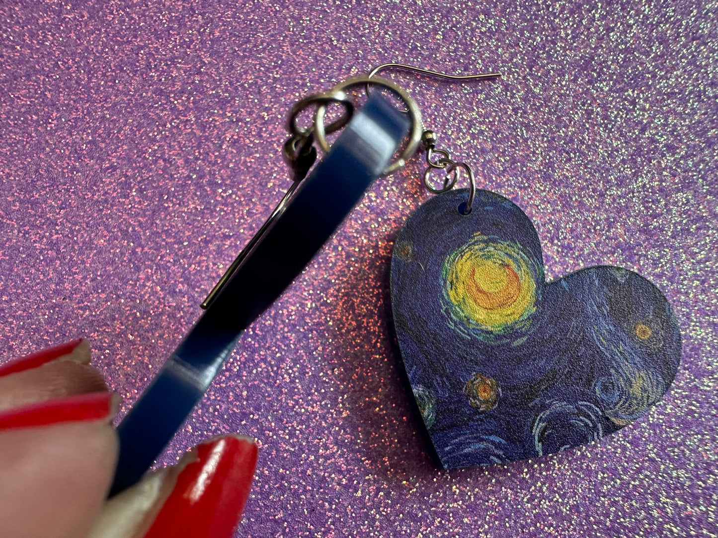 Starry Night Heart Earrings: Laser Cut Acrylic Paintings, Van Gogh Immersive Experience,Art,  Painting, Moon, Stars, Gifts for Her/Him/Them