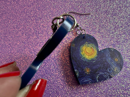 Starry Night Heart Earrings: Laser Cut Acrylic Paintings, Van Gogh Immersive Experience,Art,  Painting, Moon, Stars, Gifts for Her/Him/Them