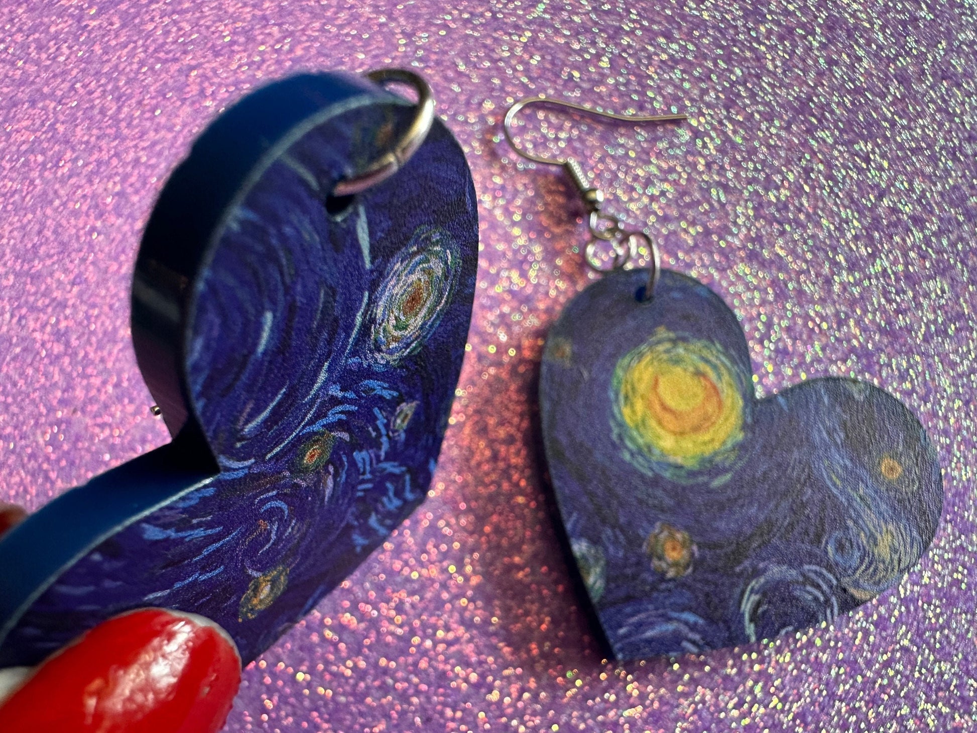 Starry Night Heart Earrings: Laser Cut Acrylic Paintings, Van Gogh Immersive Experience,Art,  Painting, Moon, Stars, Gifts for Her/Him/Them