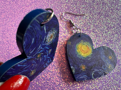 Starry Night Heart Earrings: Laser Cut Acrylic Paintings, Van Gogh Immersive Experience,Art,  Painting, Moon, Stars, Gifts for Her/Him/Them