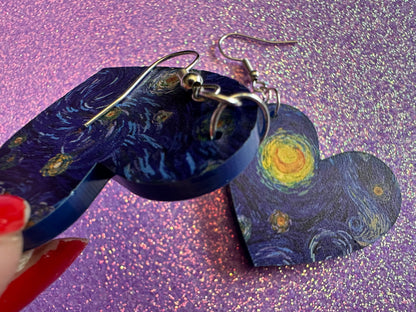 Starry Night Heart Earrings: Laser Cut Acrylic Paintings, Van Gogh Immersive Experience,Art,  Painting, Moon, Stars, Gifts for Her/Him/Them
