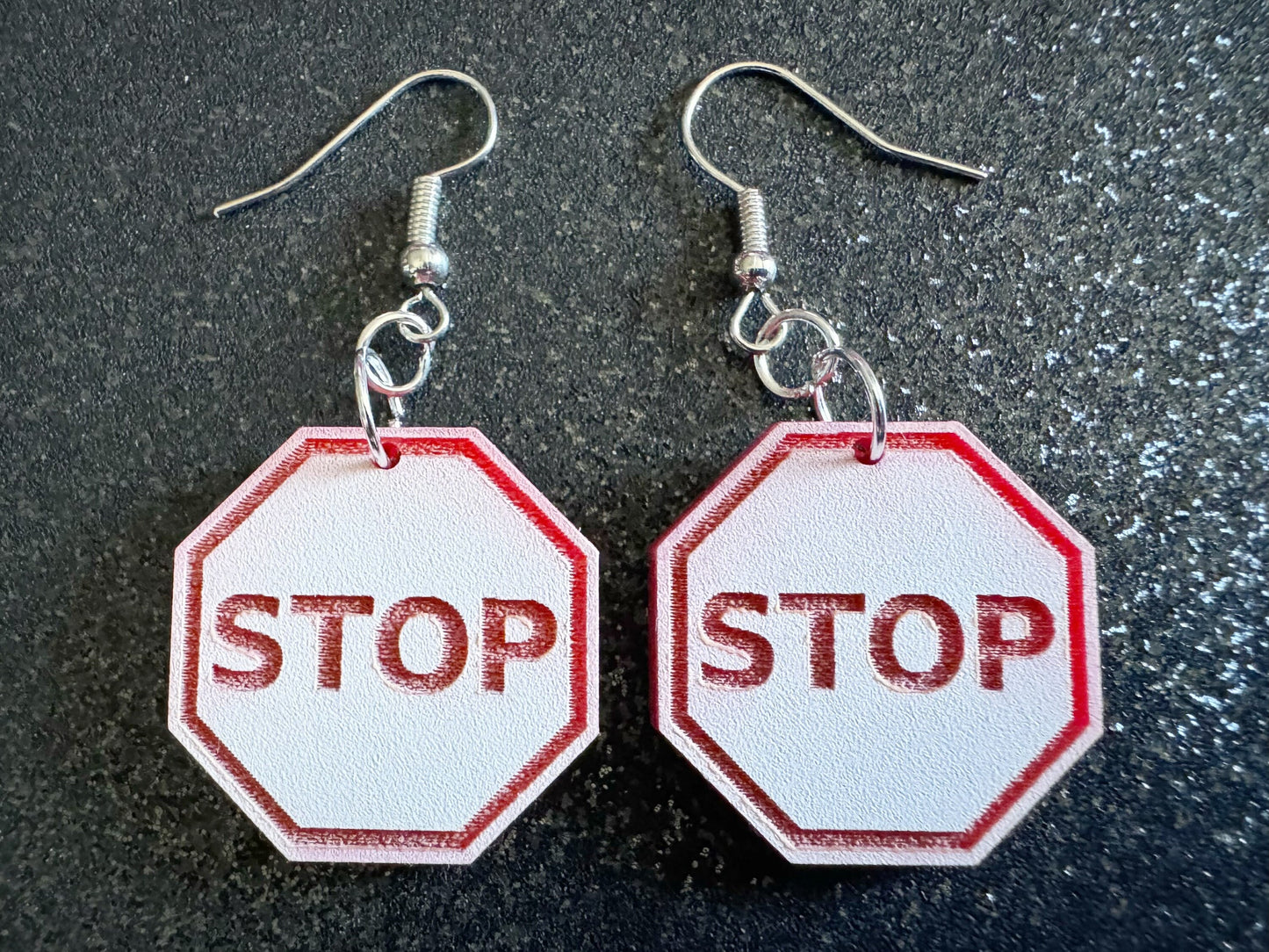 Stop Sign Earrings: Laser Cut Acrylic Signs, No, Warning, Alarm, Attention Driving, Red & White Road Sign, Best Gifts for Her/Him/Them
