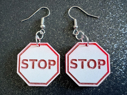 Stop Sign Earrings: Laser Cut Acrylic Signs, No, Warning, Alarm, Attention Driving, Red & White Road Sign, Best Gifts for Her/Him/Them