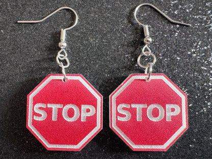 Stop Sign Earrings: Laser Cut Acrylic Signs, No, Warning, Alarm, Attention Driving, Red & White Road Sign, Best Gifts for Her/Him/Them