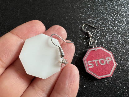 Stop Sign Earrings: Laser Cut Acrylic Signs, No, Warning, Alarm, Attention Driving, Red & White Road Sign, Best Gifts for Her/Him/Them