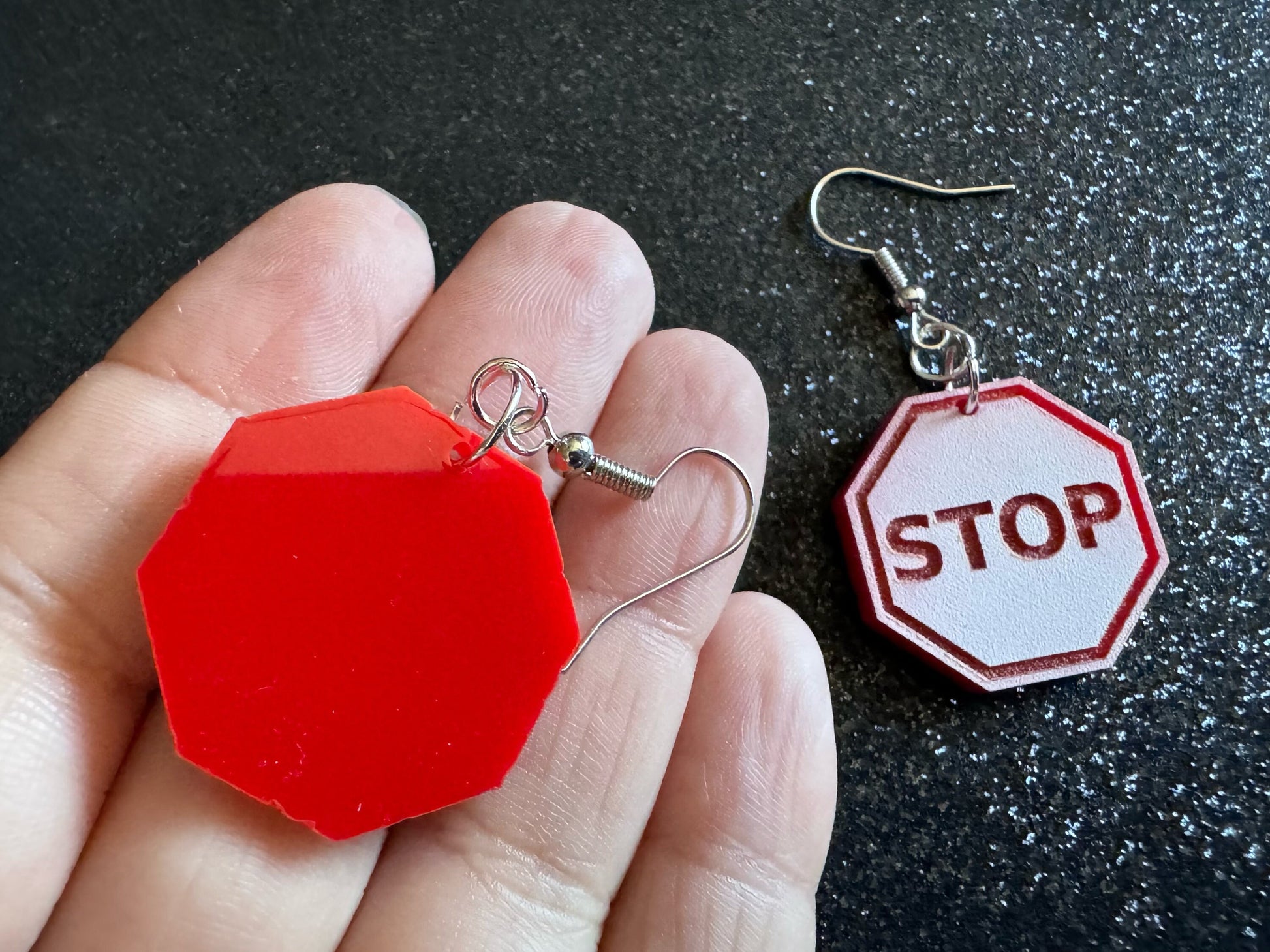 Stop Sign Earrings: Laser Cut Acrylic Signs, No, Warning, Alarm, Attention Driving, Red & White Road Sign, Best Gifts for Her/Him/Them
