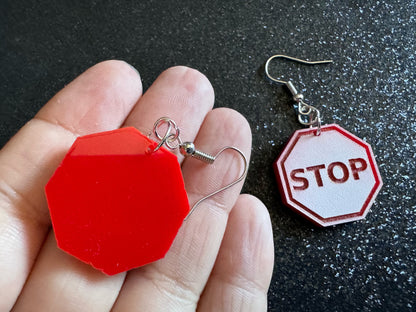 Stop Sign Earrings: Laser Cut Acrylic Signs, No, Warning, Alarm, Attention Driving, Red & White Road Sign, Best Gifts for Her/Him/Them