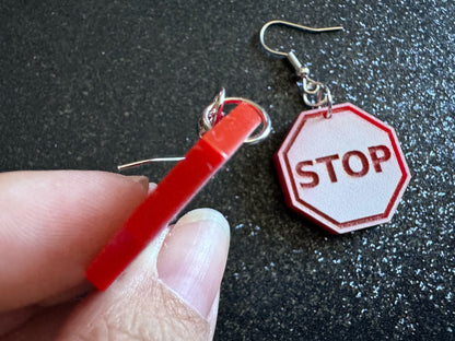 Stop Sign Earrings: Laser Cut Acrylic Signs, No, Warning, Alarm, Attention Driving, Red & White Road Sign, Best Gifts for Her/Him/Them