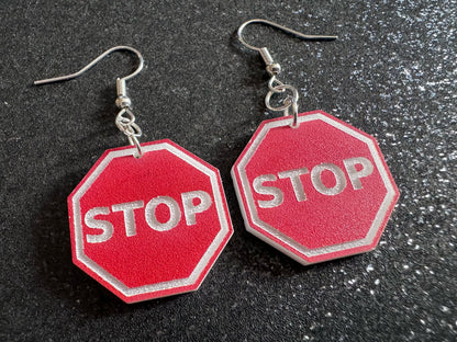 Stop Sign Earrings: Laser Cut Acrylic Signs, No, Warning, Alarm, Attention Driving, Red & White Road Sign, Best Gifts for Her/Him/Them