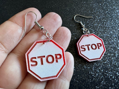 Stop Sign Earrings: Laser Cut Acrylic Signs, No, Warning, Alarm, Attention Driving, Red & White Road Sign, Best Gifts for Her/Him/Them