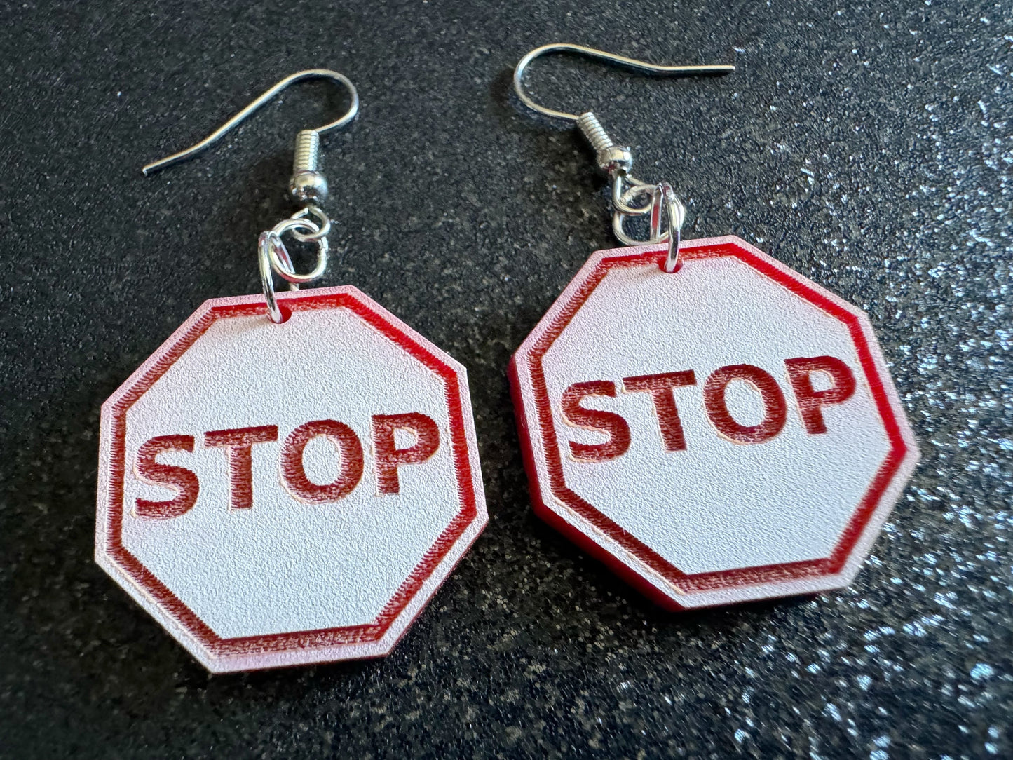Stop Sign Earrings: Laser Cut Acrylic Signs, No, Warning, Alarm, Attention Driving, Red & White Road Sign, Best Gifts for Her/Him/Them