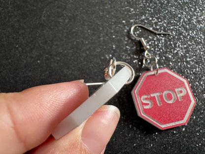 Stop Sign Earrings: Laser Cut Acrylic Signs, No, Warning, Alarm, Attention Driving, Red & White Road Sign, Best Gifts for Her/Him/Them