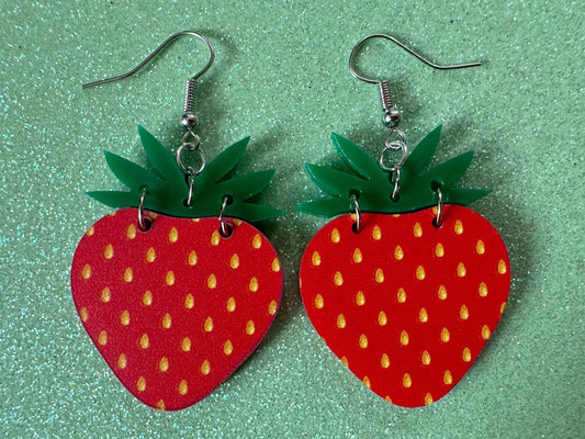 Strawberry Earrings: Laser Cut Acrylic Strawberries, Fruit, Juicy, Summer Vibes, Food Earrings, Green Earrings, Best Gifts for Her/Him/Them