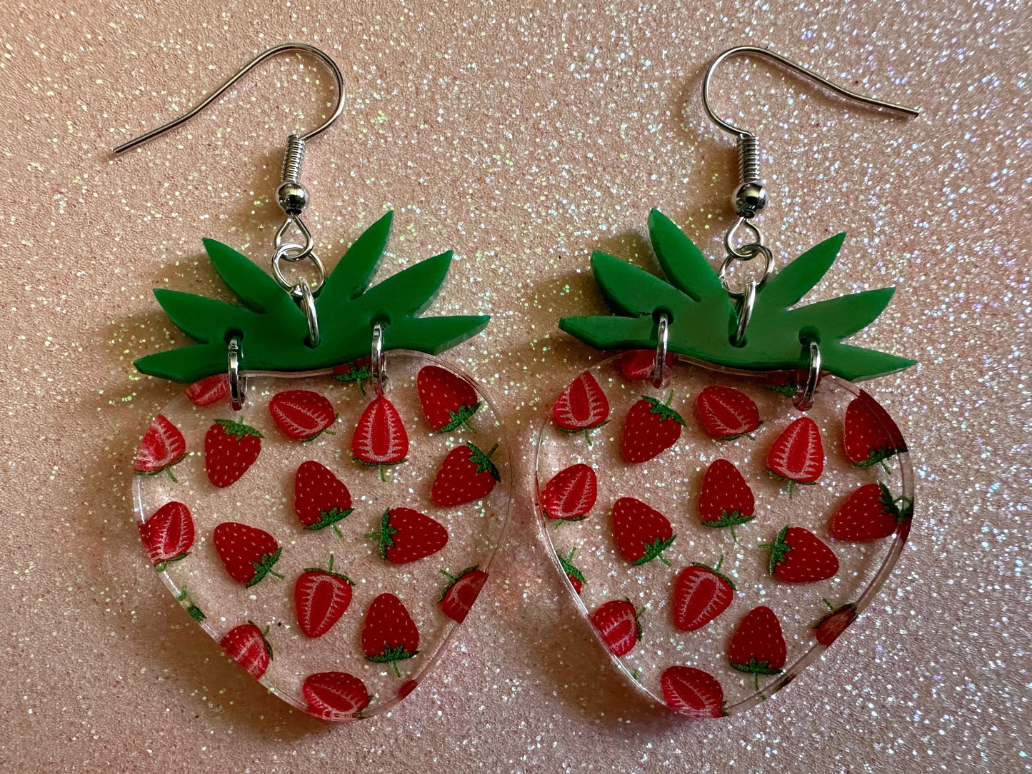 Strawberry Earrings: Laser Cut Acrylic Strawberries, Fruit, Juicy, Summer Vibes, Food Earrings, Green Earrings, Best Gifts for Her/Him/Them