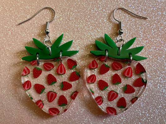 Strawberry Earrings: Laser Cut Acrylic Strawberries, Fruit, Juicy, Summer Vibes, Food Earrings, Green Earrings, Best Gifts for Her/Him/Them