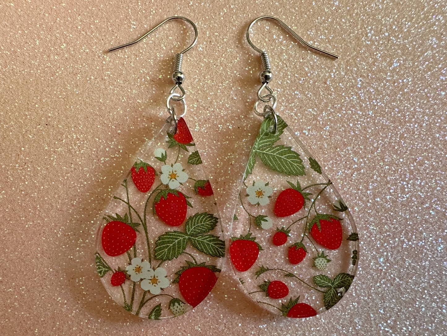 Strawberry Earrings: Laser Cut Acrylic Strawberries, Fruit, Juicy, Summer Vibes, Food Earrings, Green Earrings, Best Gifts for Her/Him/Them