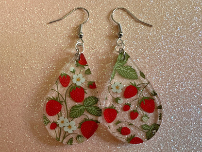 Strawberry Earrings: Laser Cut Acrylic Strawberries, Fruit, Juicy, Summer Vibes, Food Earrings, Green Earrings, Best Gifts for Her/Him/Them