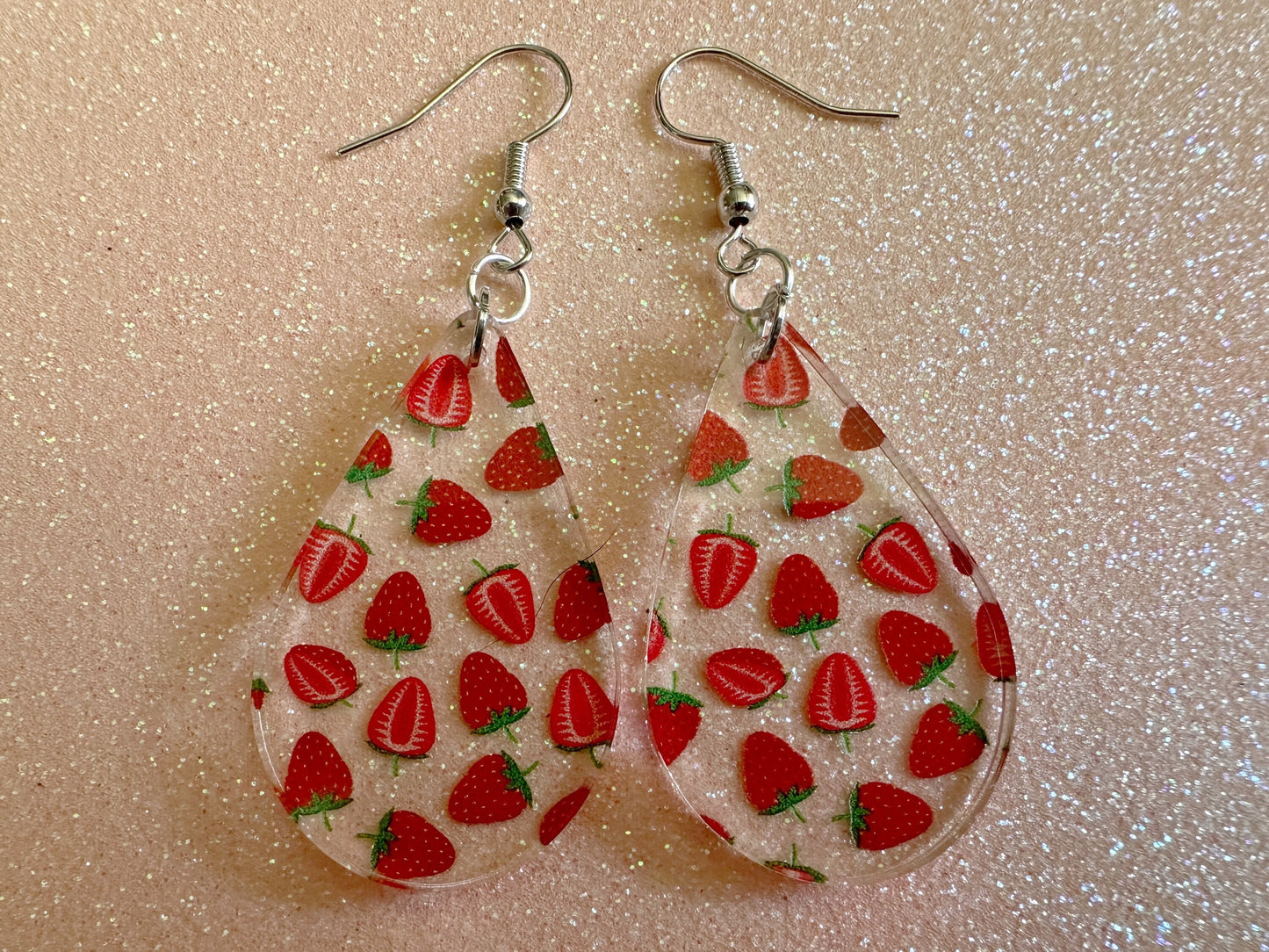 Strawberry Earrings: Laser Cut Acrylic Strawberries, Fruit, Juicy, Summer Vibes, Food Earrings, Green Earrings, Best Gifts for Her/Him/Them