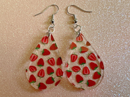 Strawberry Earrings: Laser Cut Acrylic Strawberries, Fruit, Juicy, Summer Vibes, Food Earrings, Green Earrings, Best Gifts for Her/Him/Them