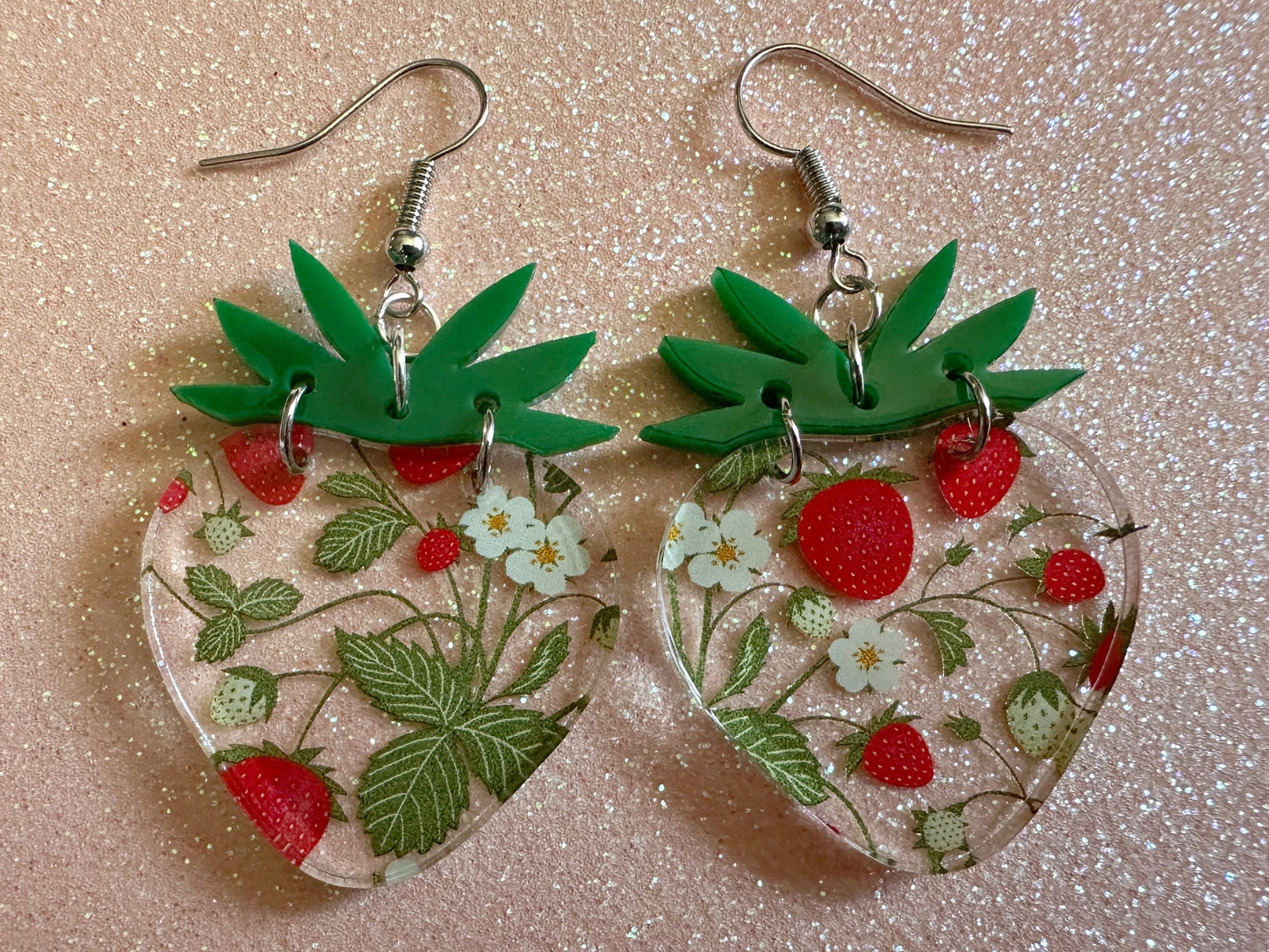 Strawberry Earrings: Laser Cut Acrylic Strawberries, Fruit, Juicy, Summer Vibes, Food Earrings, Green Earrings, Best Gifts for Her/Him/Them