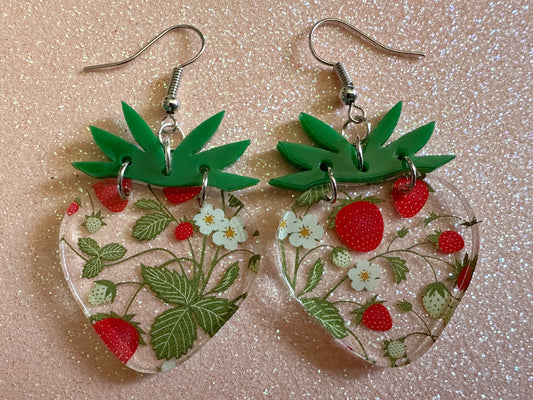 Strawberry Earrings: Laser Cut Acrylic Strawberries, Fruit, Juicy, Summer Vibes, Food Earrings, Green Earrings, Best Gifts for Her/Him/Them