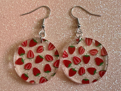 Strawberry Earrings: Laser Cut Acrylic Strawberries, Fruit, Juicy, Summer Vibes, Food Earrings, Green Earrings, Best Gifts for Her/Him/Them