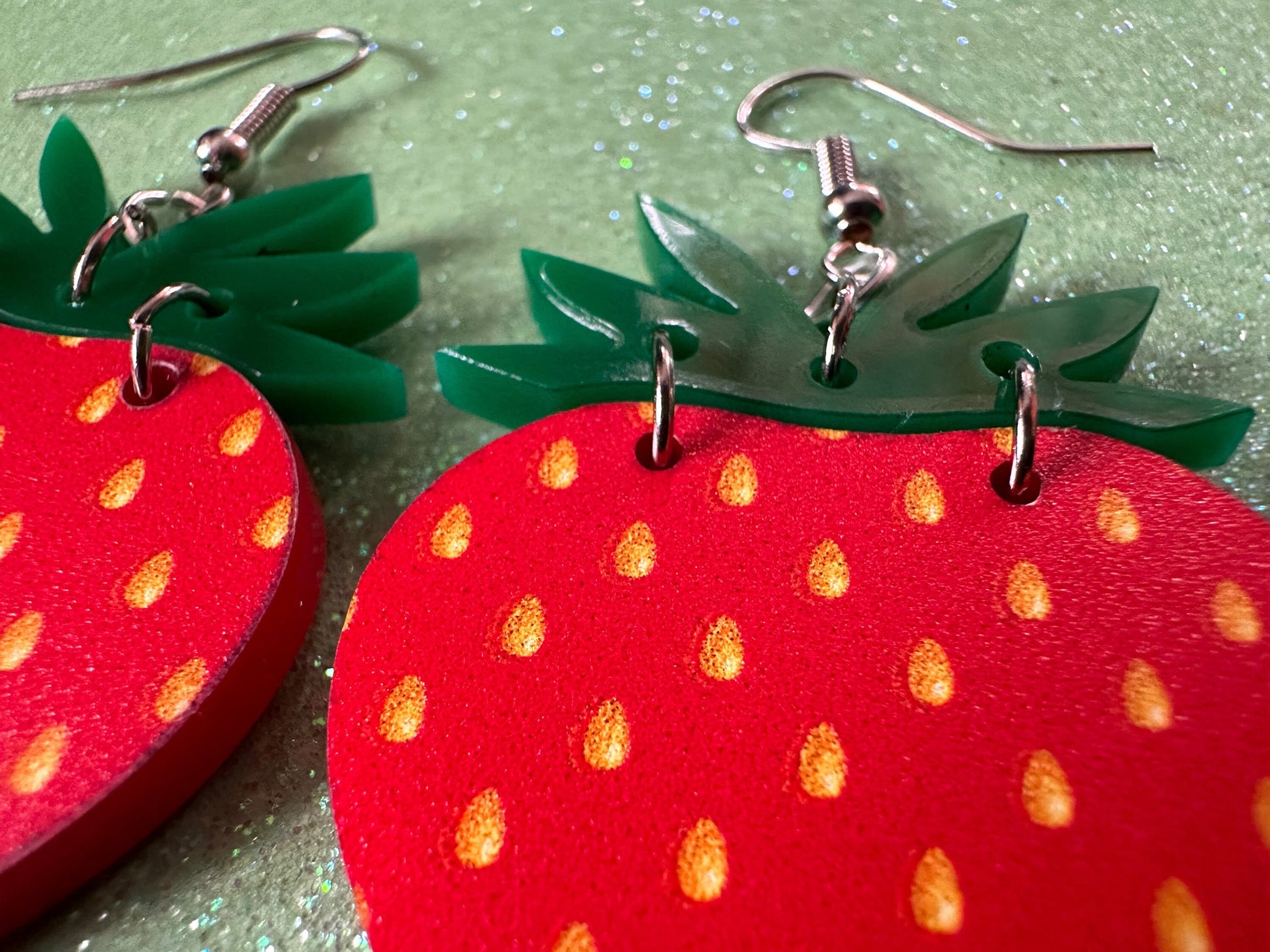 Strawberry Earrings: Laser Cut Acrylic Strawberries, Fruit, Juicy, Summer Vibes, Food Earrings, Green Earrings, Best Gifts for Her/Him/Them