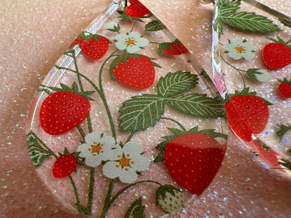 Strawberry Earrings: Laser Cut Acrylic Strawberries, Fruit, Juicy, Summer Vibes, Food Earrings, Green Earrings, Best Gifts for Her/Him/Them