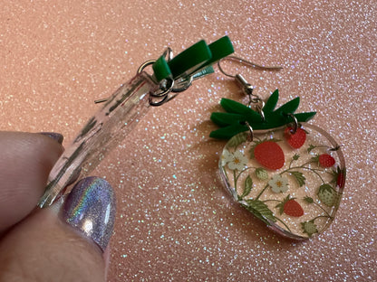 Strawberry Earrings: Laser Cut Acrylic Strawberries, Fruit, Juicy, Summer Vibes, Food Earrings, Green Earrings, Best Gifts for Her/Him/Them