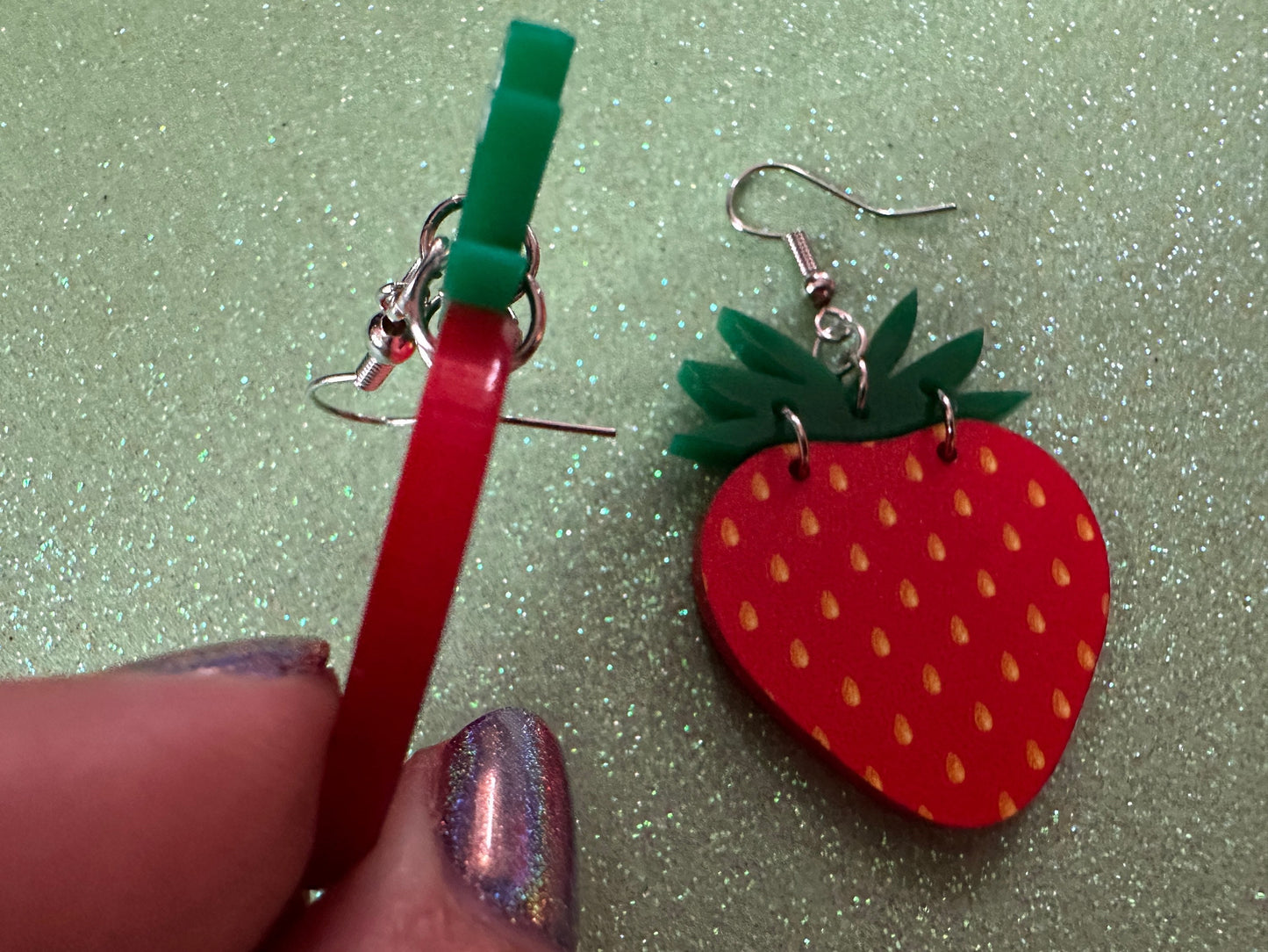 Strawberry Earrings: Laser Cut Acrylic Strawberries, Fruit, Juicy, Summer Vibes, Food Earrings, Green Earrings, Best Gifts for Her/Him/Them