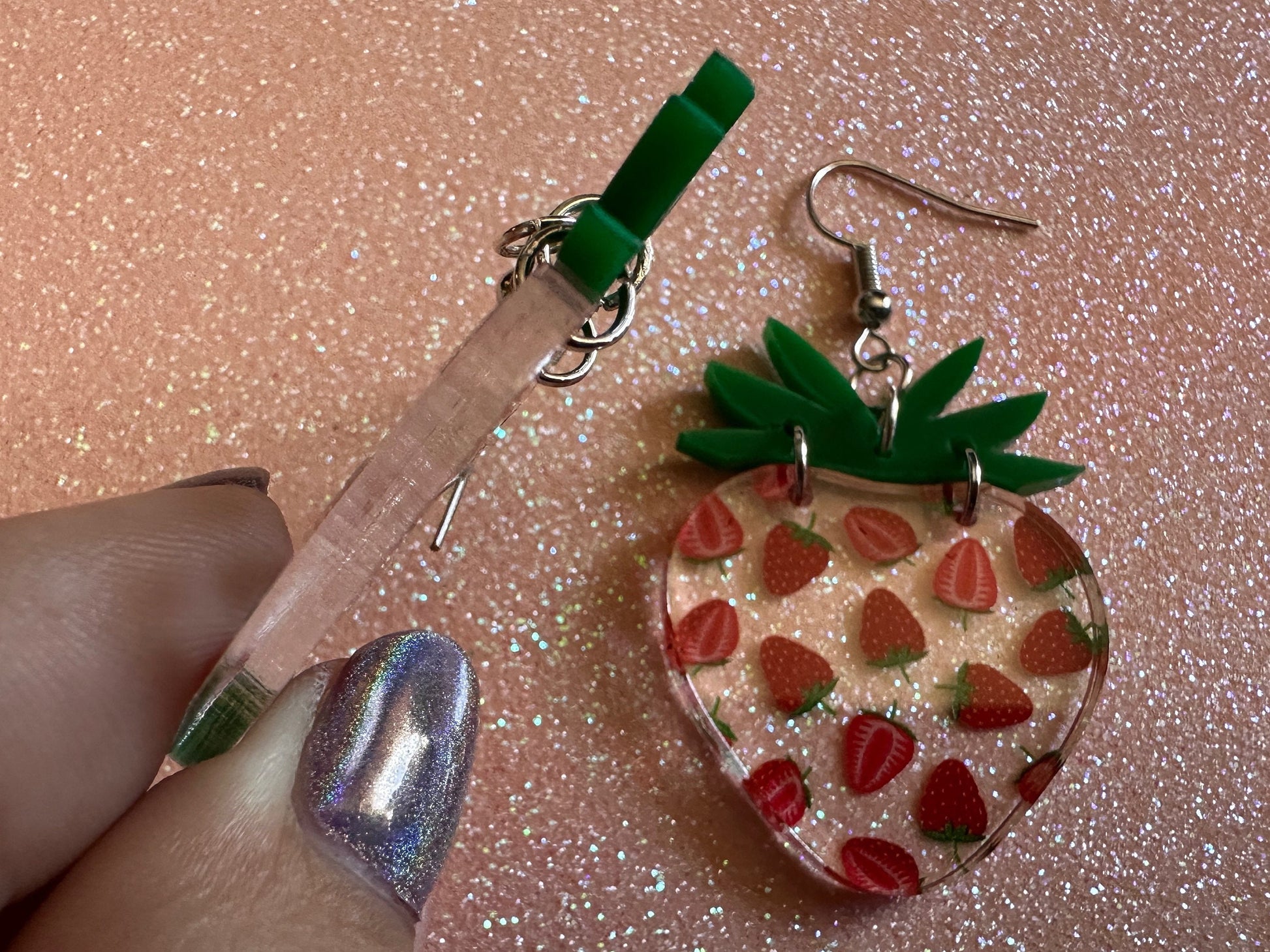 Strawberry Earrings: Laser Cut Acrylic Strawberries, Fruit, Juicy, Summer Vibes, Food Earrings, Green Earrings, Best Gifts for Her/Him/Them