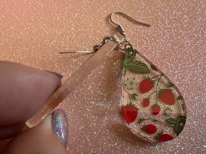 Strawberry Earrings: Laser Cut Acrylic Strawberries, Fruit, Juicy, Summer Vibes, Food Earrings, Green Earrings, Best Gifts for Her/Him/Them