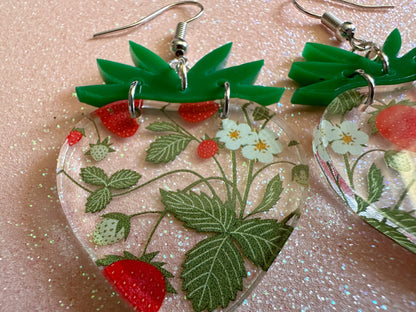 Strawberry Earrings: Laser Cut Acrylic Strawberries, Fruit, Juicy, Summer Vibes, Food Earrings, Green Earrings, Best Gifts for Her/Him/Them