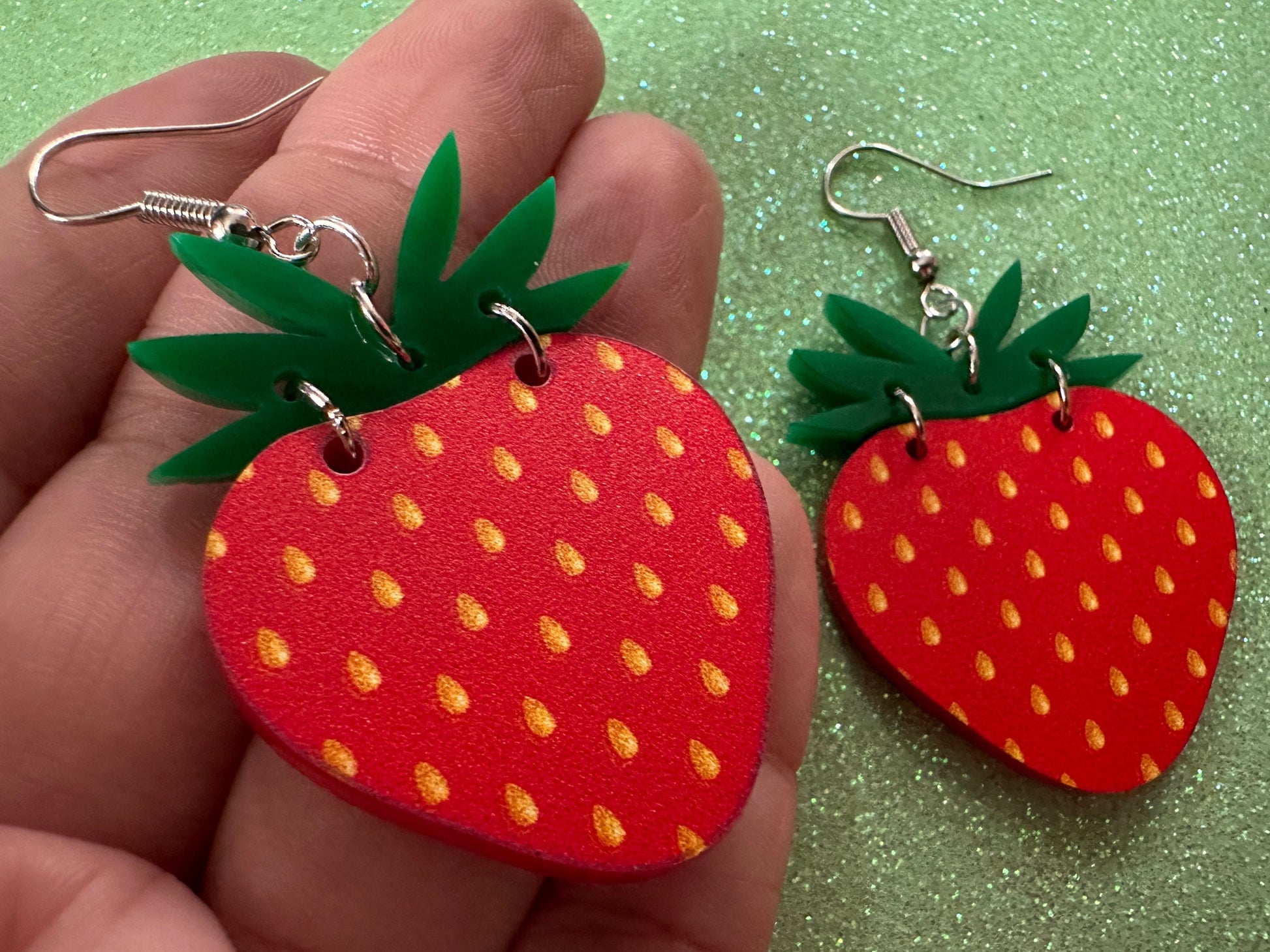 Strawberry Earrings: Laser Cut Acrylic Strawberries, Fruit, Juicy, Summer Vibes, Food Earrings, Green Earrings, Best Gifts for Her/Him/Them