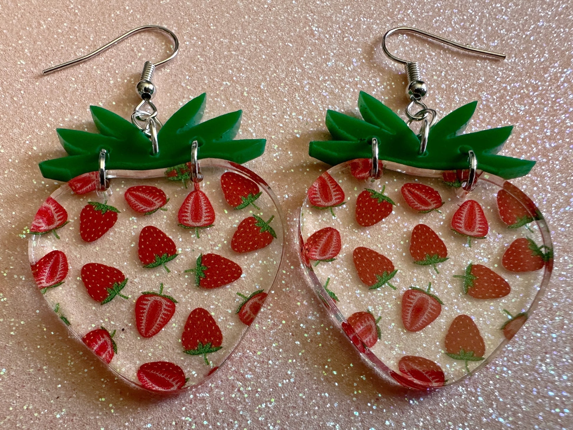 Strawberry Earrings: Laser Cut Acrylic Strawberries, Fruit, Juicy, Summer Vibes, Food Earrings, Green Earrings, Best Gifts for Her/Him/Them