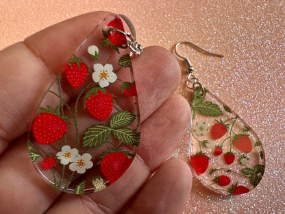 Strawberry Earrings: Laser Cut Acrylic Strawberries, Fruit, Juicy, Summer Vibes, Food Earrings, Green Earrings, Best Gifts for Her/Him/Them