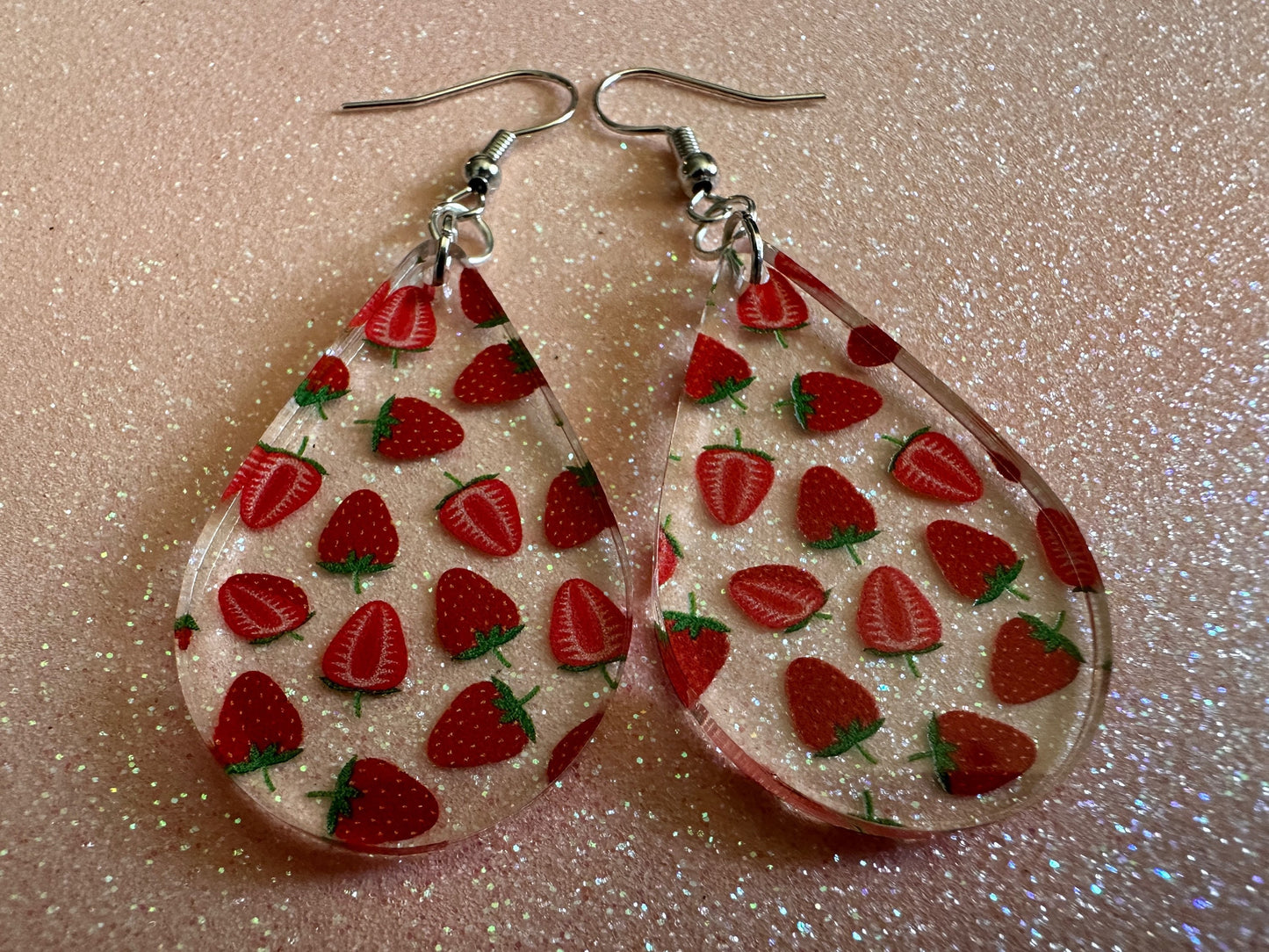 Strawberry Earrings: Laser Cut Acrylic Strawberries, Fruit, Juicy, Summer Vibes, Food Earrings, Green Earrings, Best Gifts for Her/Him/Them