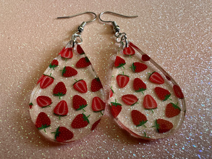 Strawberry Earrings: Laser Cut Acrylic Strawberries, Fruit, Juicy, Summer Vibes, Food Earrings, Green Earrings, Best Gifts for Her/Him/Them