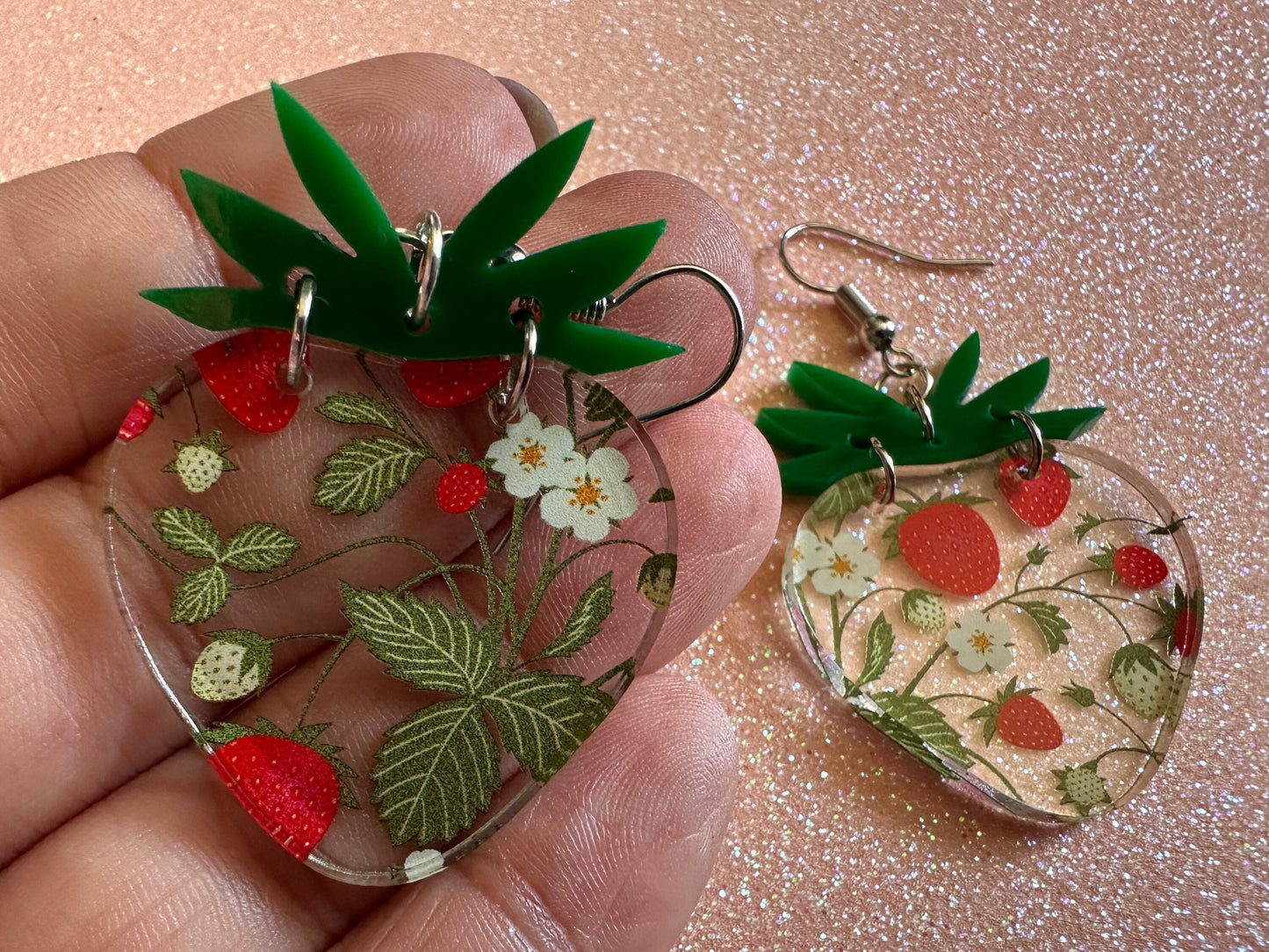 Strawberry Earrings: Laser Cut Acrylic Strawberries, Fruit, Juicy, Summer Vibes, Food Earrings, Green Earrings, Best Gifts for Her/Him/Them