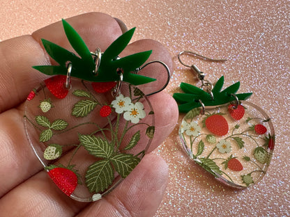Strawberry Earrings: Laser Cut Acrylic Strawberries, Fruit, Juicy, Summer Vibes, Food Earrings, Green Earrings, Best Gifts for Her/Him/Them