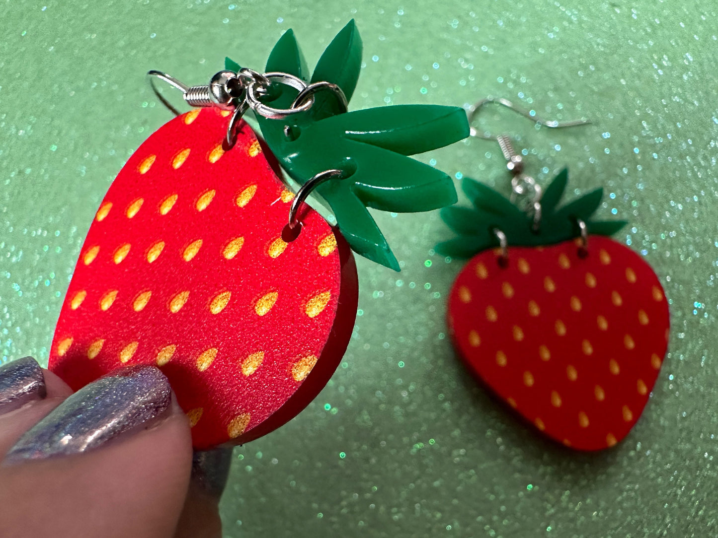 Strawberry Earrings: Laser Cut Acrylic Strawberries, Fruit, Juicy, Summer Vibes, Food Earrings, Green Earrings, Best Gifts for Her/Him/Them