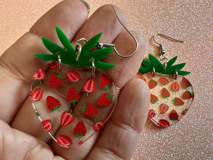 Strawberry Earrings: Laser Cut Acrylic Strawberries, Fruit, Juicy, Summer Vibes, Food Earrings, Green Earrings, Best Gifts for Her/Him/Them