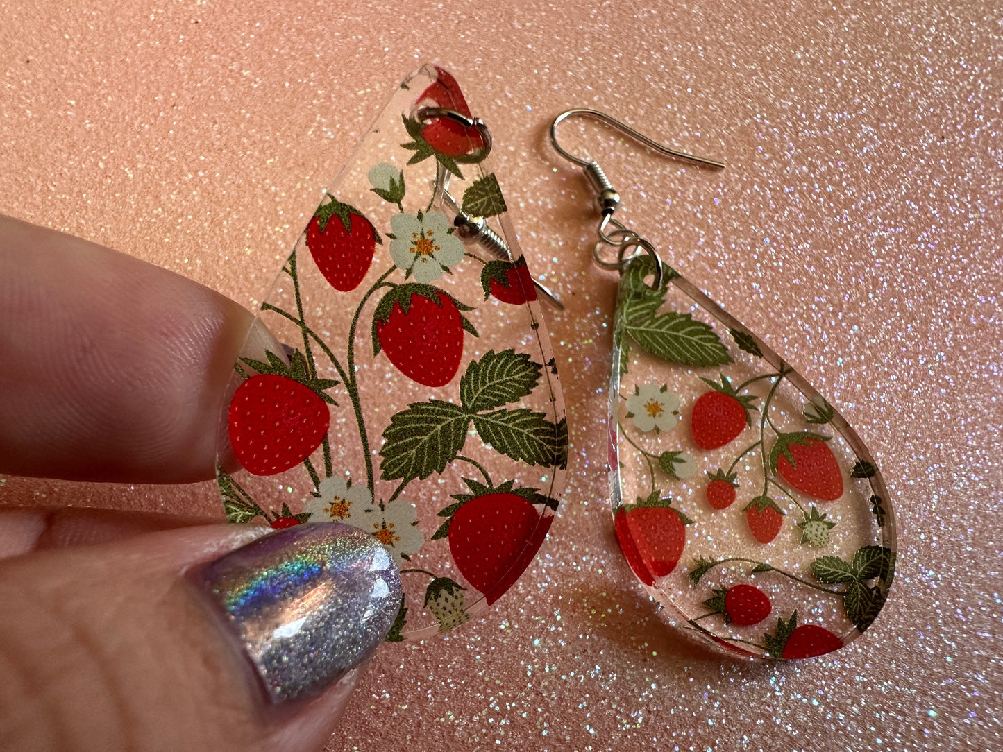 Strawberry Earrings: Laser Cut Acrylic Strawberries, Fruit, Juicy, Summer Vibes, Food Earrings, Green Earrings, Best Gifts for Her/Him/Them