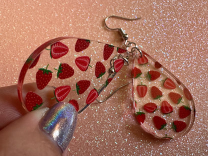 Strawberry Earrings: Laser Cut Acrylic Strawberries, Fruit, Juicy, Summer Vibes, Food Earrings, Green Earrings, Best Gifts for Her/Him/Them