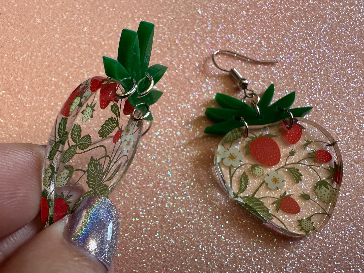 Strawberry Earrings: Laser Cut Acrylic Strawberries, Fruit, Juicy, Summer Vibes, Food Earrings, Green Earrings, Best Gifts for Her/Him/Them