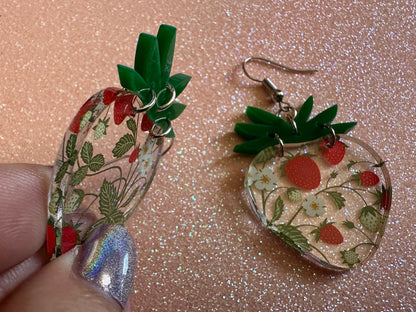 Strawberry Earrings: Laser Cut Acrylic Strawberries, Fruit, Juicy, Summer Vibes, Food Earrings, Green Earrings, Best Gifts for Her/Him/Them