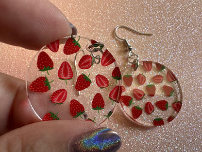 Strawberry Earrings: Laser Cut Acrylic Strawberries, Fruit, Juicy, Summer Vibes, Food Earrings, Green Earrings, Best Gifts for Her/Him/Them