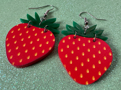 Strawberry Earrings: Laser Cut Acrylic Strawberries, Fruit, Juicy, Summer Vibes, Food Earrings, Green Earrings, Best Gifts for Her/Him/Them