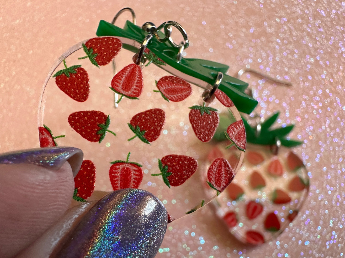 Strawberry Earrings: Laser Cut Acrylic Strawberries, Fruit, Juicy, Summer Vibes, Food Earrings, Green Earrings, Best Gifts for Her/Him/Them